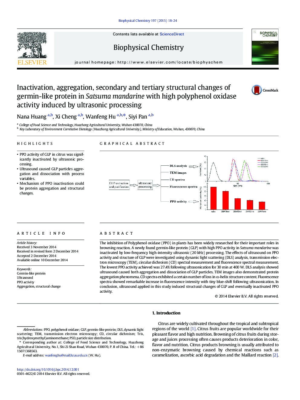 Inactivation, aggregation, secondary and tertiary structural changes of germin-like protein in Satsuma mandarine with high polyphenol oxidase activity induced by ultrasonic processing