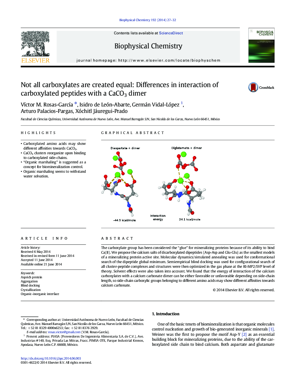 Not all carboxylates are created equal: Differences in interaction of carboxylated peptides with a CaCO3 dimer