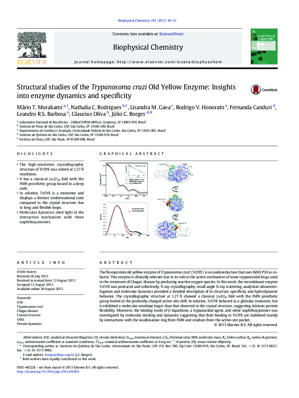 Structural studies of the Trypanosoma cruzi Old Yellow Enzyme: Insights into enzyme dynamics and specificity