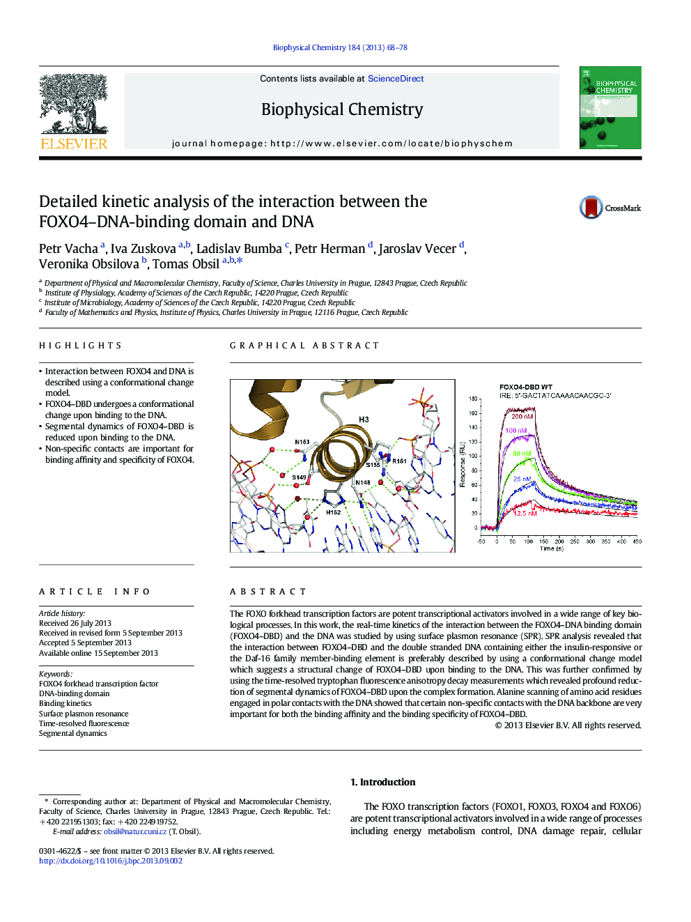 Detailed kinetic analysis of the interaction between the FOXO4-DNA-binding domain and DNA