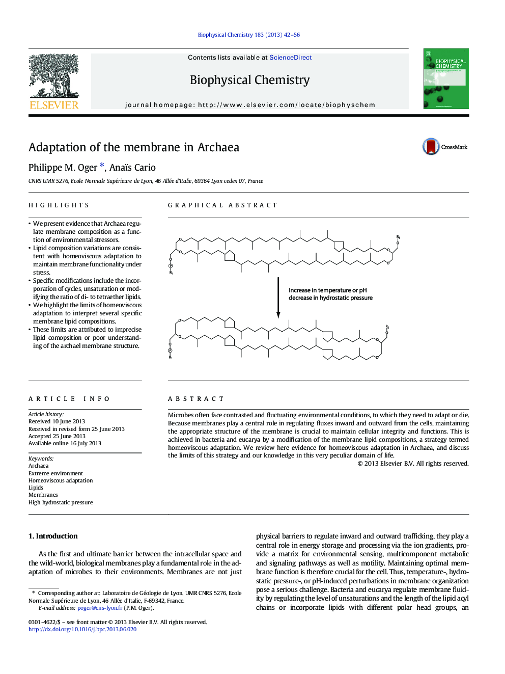 Adaptation of the membrane in Archaea