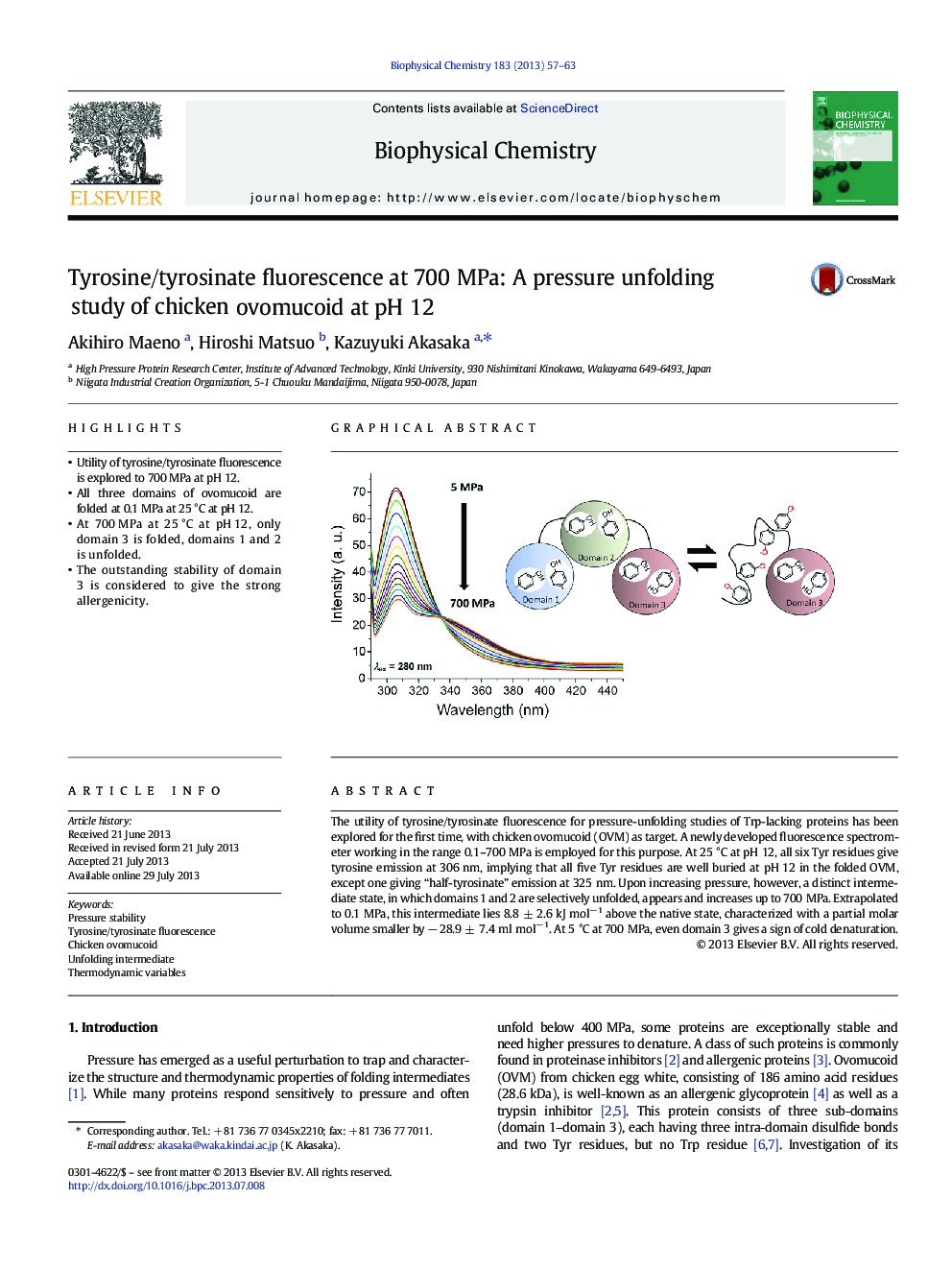Tyrosine/tyrosinate fluorescence at 700Â MPa: A pressure unfolding study of chicken ovomucoid at pHÂ 12