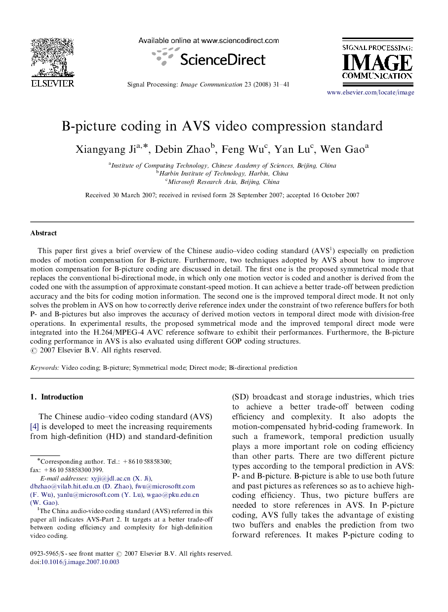 B-picture coding in AVS video compression standard