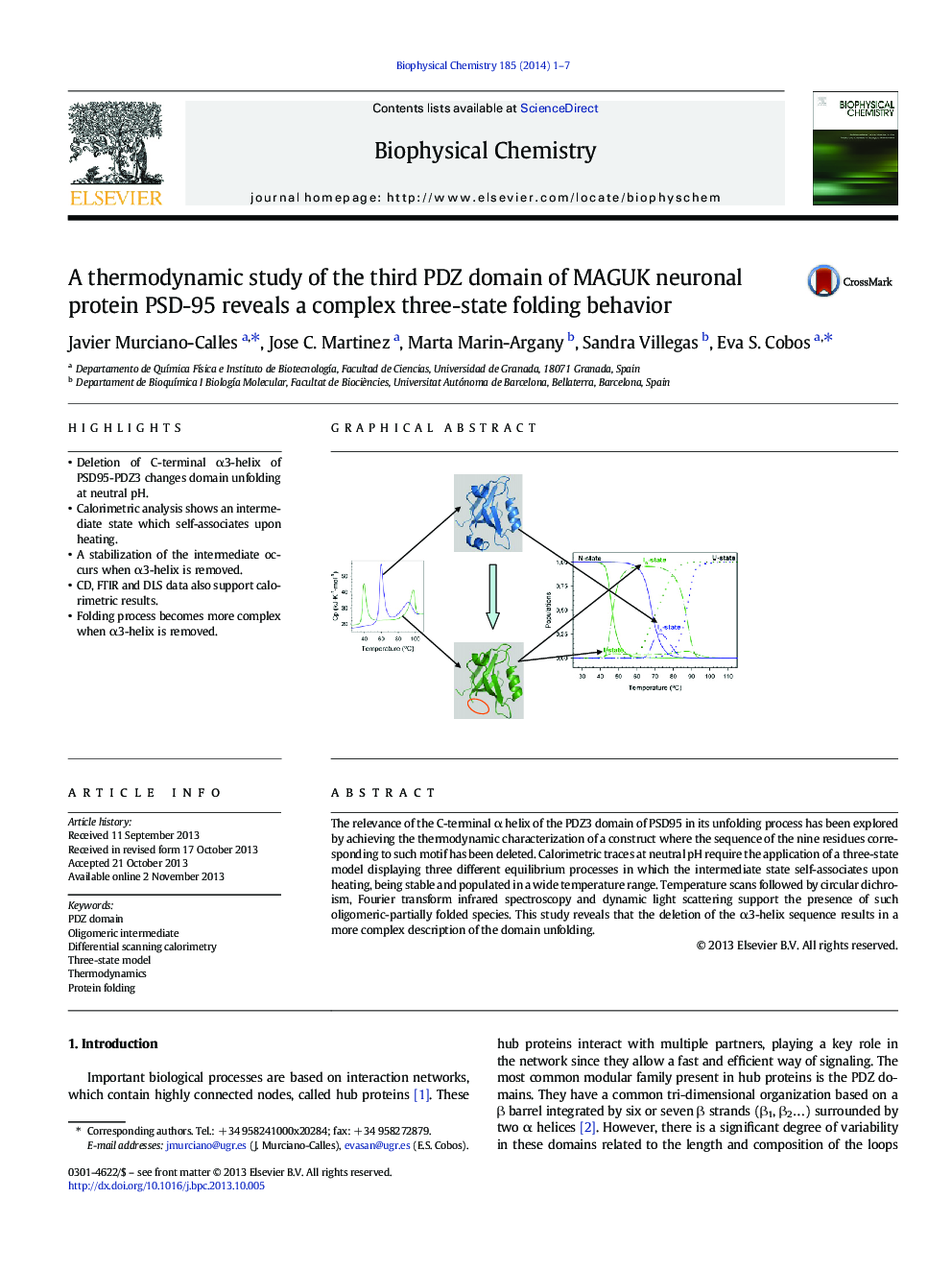 A thermodynamic study of the third PDZ domain of MAGUK neuronal protein PSD-95 reveals a complex three-state folding behavior