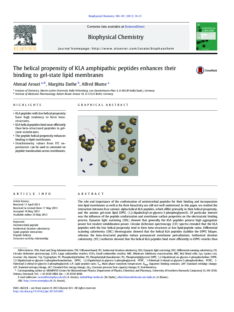 The helical propensity of KLA amphipathic peptides enhances their binding to gel-state lipid membranes