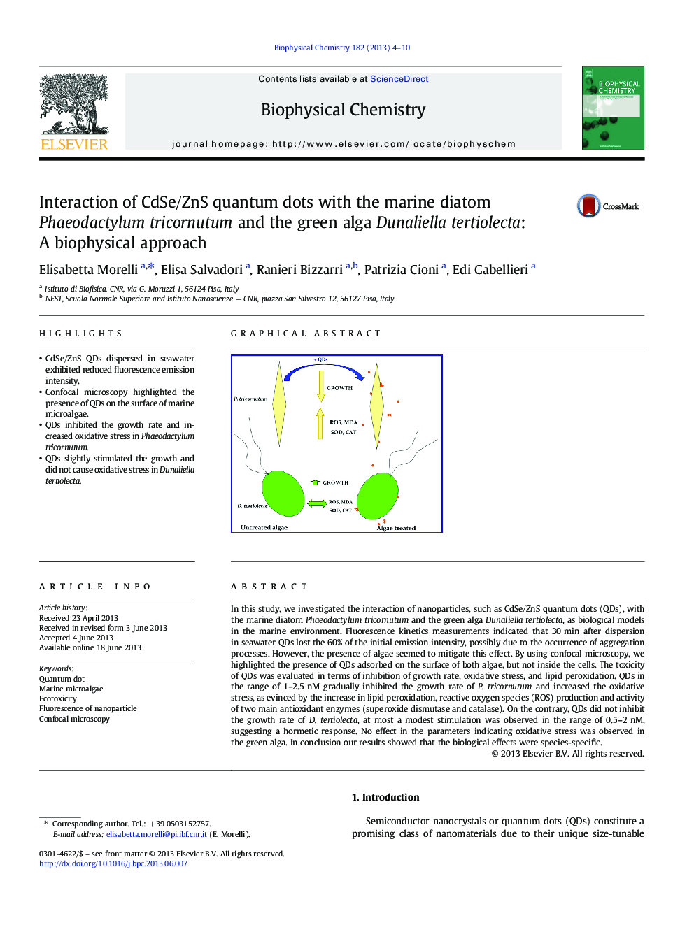 Interaction of CdSe/ZnS quantum dots with the marine diatom Phaeodactylum tricornutum and the green alga Dunaliella tertiolecta: A biophysical approach