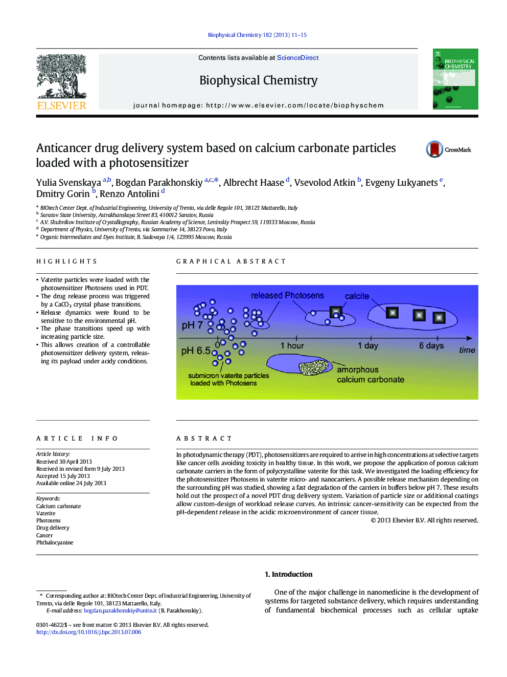 Anticancer drug delivery system based on calcium carbonate particles loaded with a photosensitizer