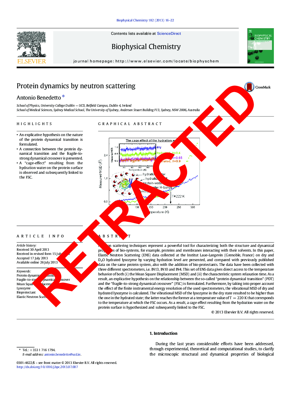 RETRACTED: Protein dynamics by neutron scattering