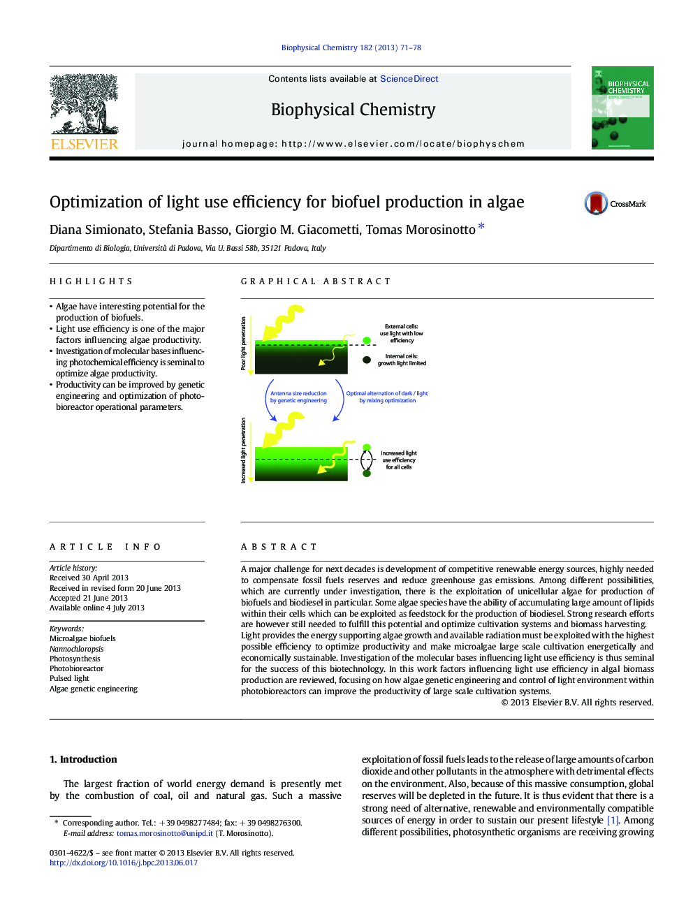 Optimization of light use efficiency for biofuel production in algae