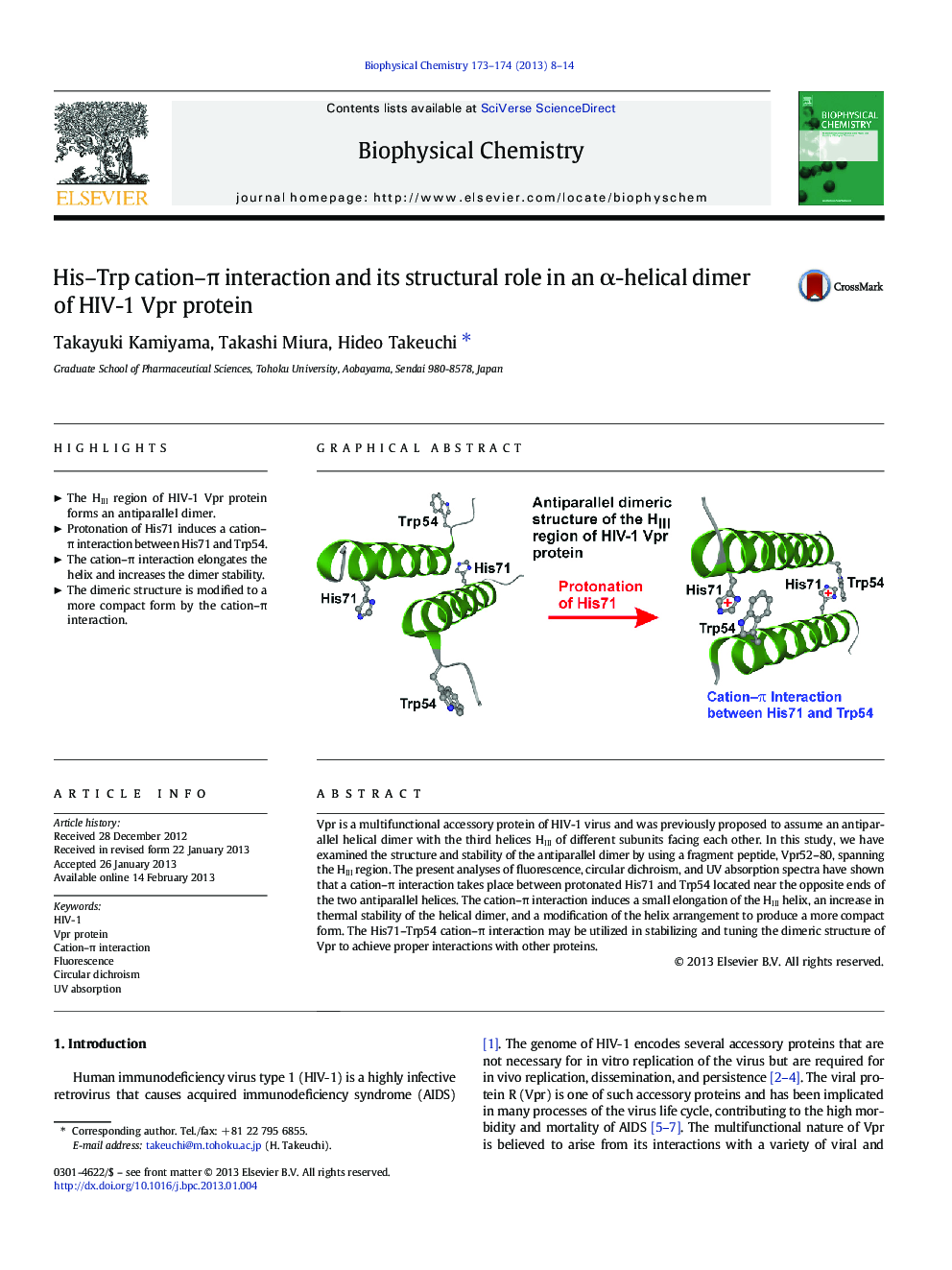 His-Trp cation-Ï interaction and its structural role in an Î±-helical dimer of HIV-1 Vpr protein