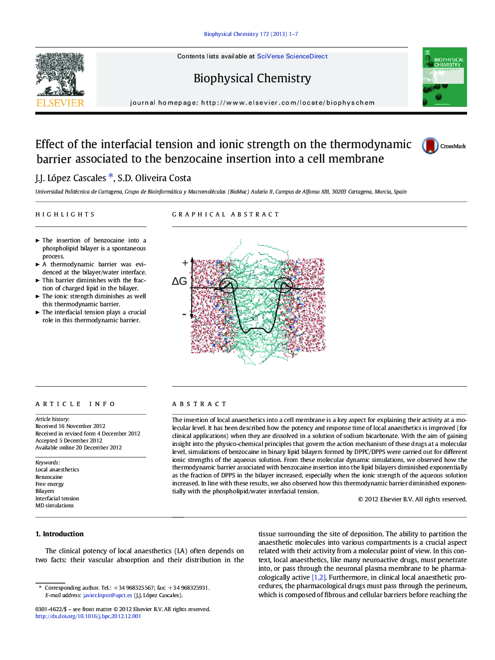 Effect of the interfacial tension and ionic strength on the thermodynamic barrier associated to the benzocaine insertion into a cell membrane