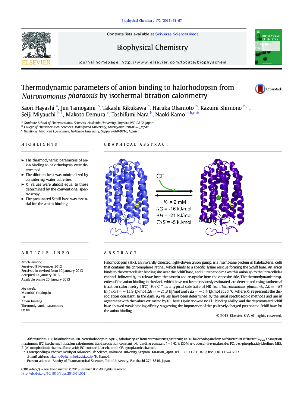 Thermodynamic parameters of anion binding to halorhodopsin from Natronomonas pharaonis by isothermal titration calorimetry
