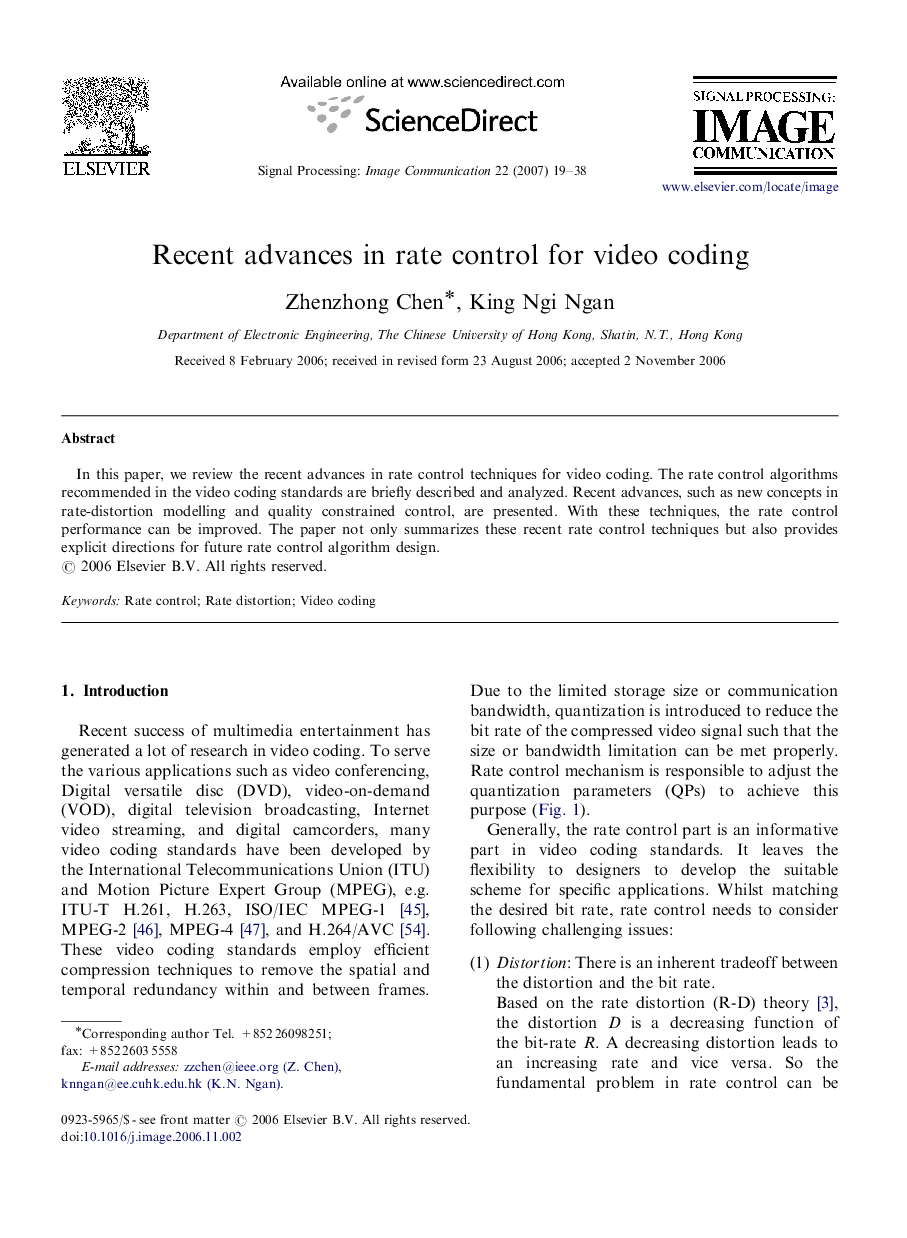 Recent advances in rate control for video coding