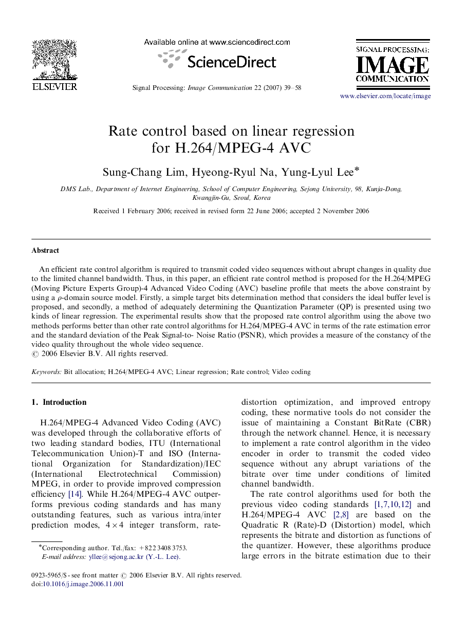 Rate control based on linear regression for H.264/MPEG-4 AVC