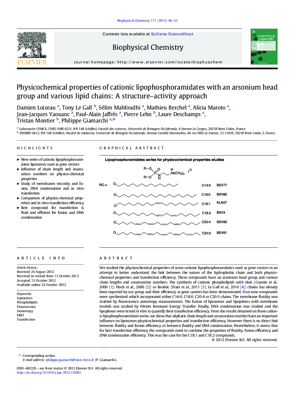 Physicochemical properties of cationic lipophosphoramidates with an arsonium head group and various lipid chains: A structure-activity approach