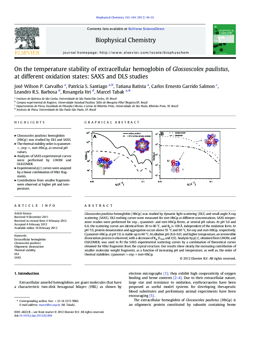 On the temperature stability of extracellular hemoglobin of Glossoscolex paulistus, at different oxidation states: SAXS and DLS studies