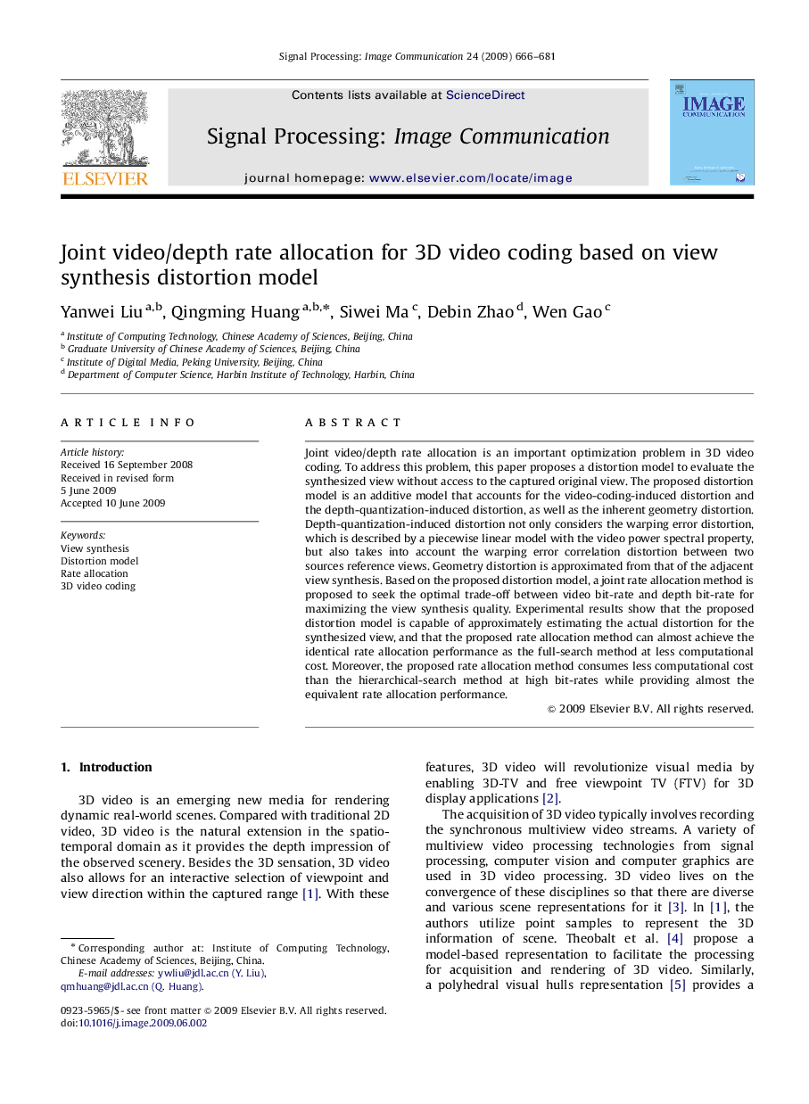 Joint video/depth rate allocation for 3D video coding based on view synthesis distortion model