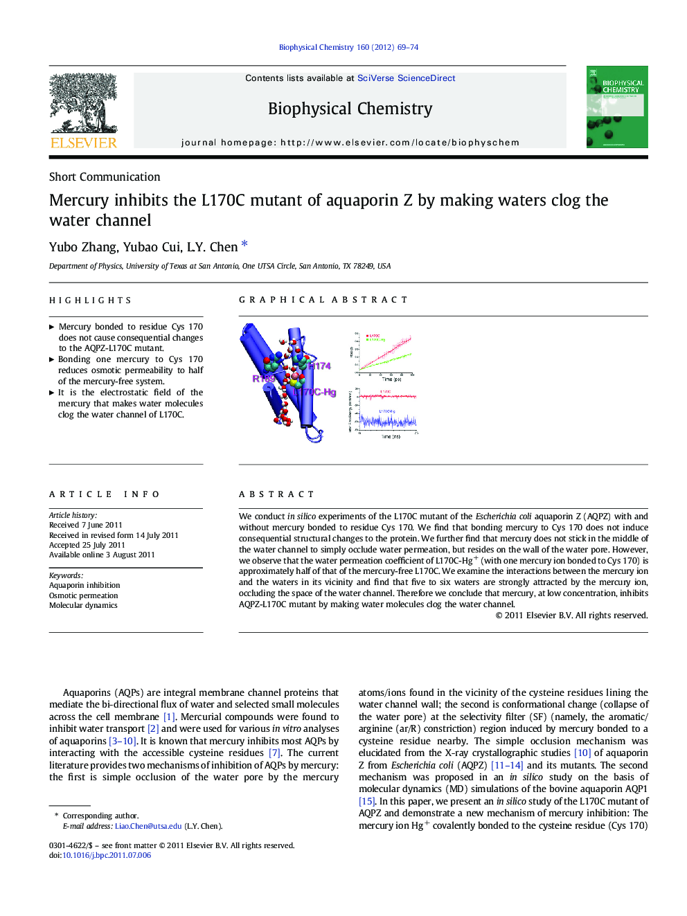 Mercury inhibits the L170C mutant of aquaporin Z by making waters clog the water channel