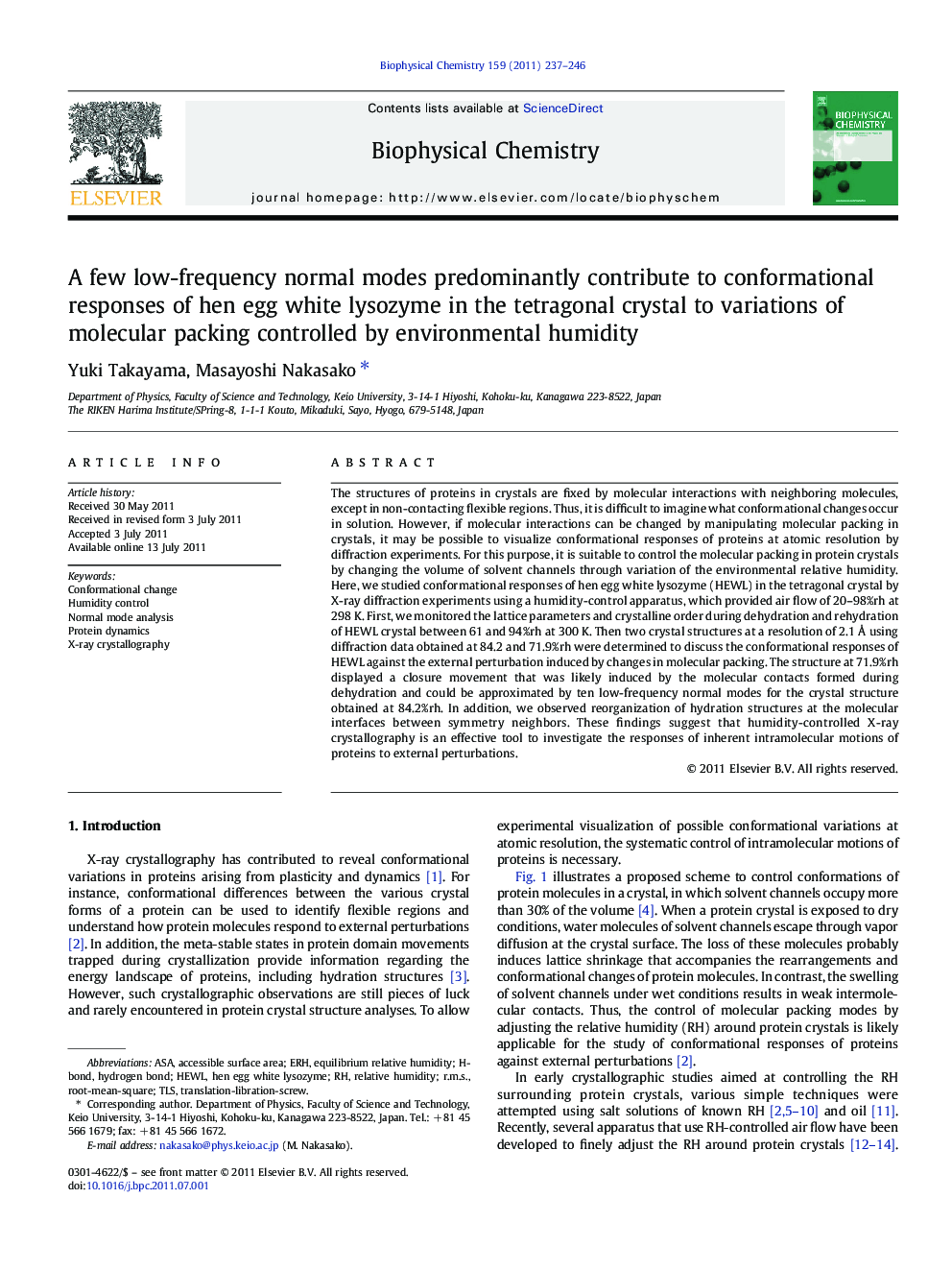 A few low-frequency normal modes predominantly contribute to conformational responses of hen egg white lysozyme in the tetragonal crystal to variations of molecular packing controlled by environmental humidity