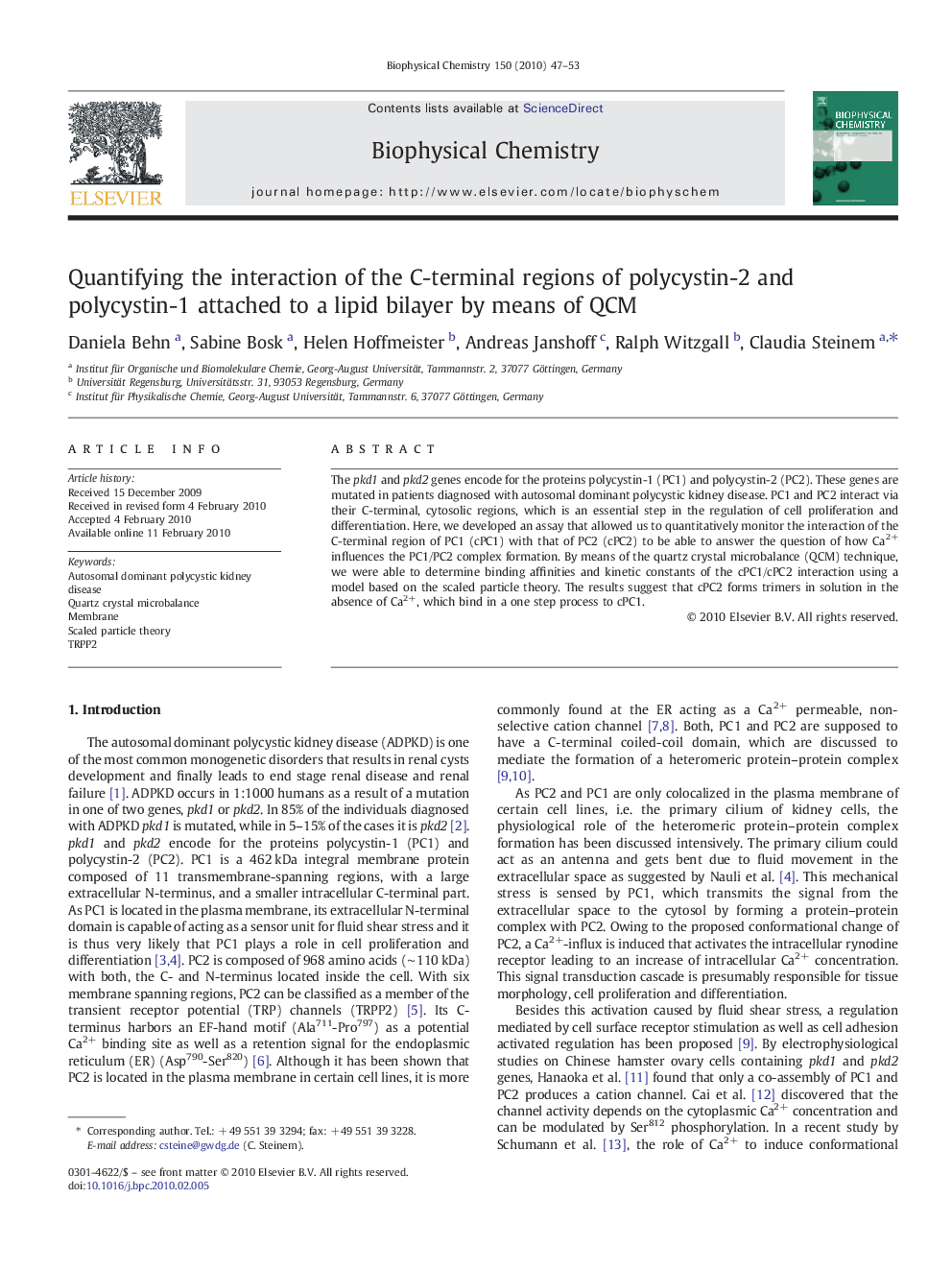 Quantifying the interaction of the C-terminal regions of polycystin-2 and polycystin-1 attached to a lipid bilayer by means of QCM