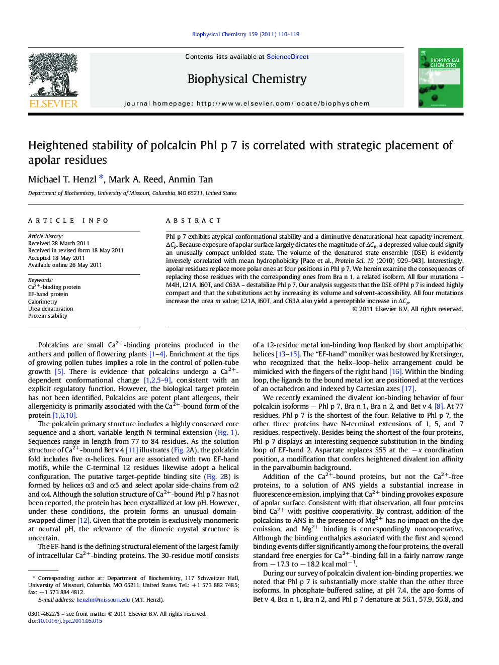 Heightened stability of polcalcin Phl p 7 is correlated with strategic placement of apolar residues