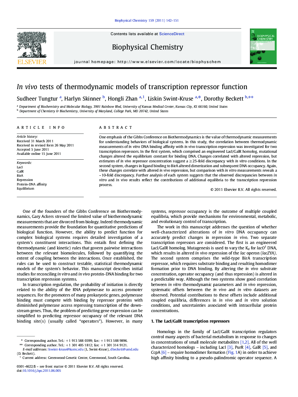 In vivo tests of thermodynamic models of transcription repressor function