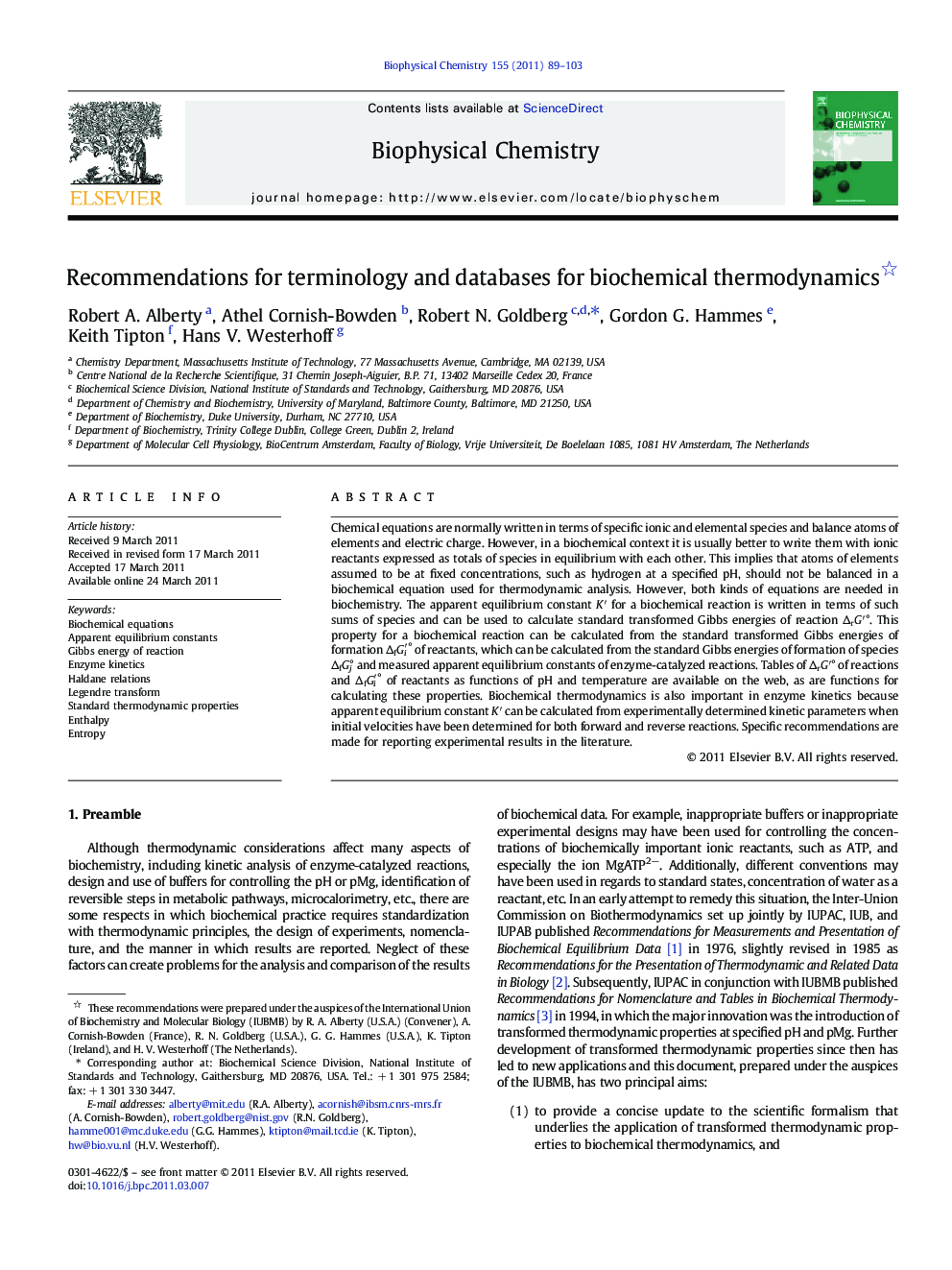 Recommendations for terminology and databases for biochemical thermodynamics