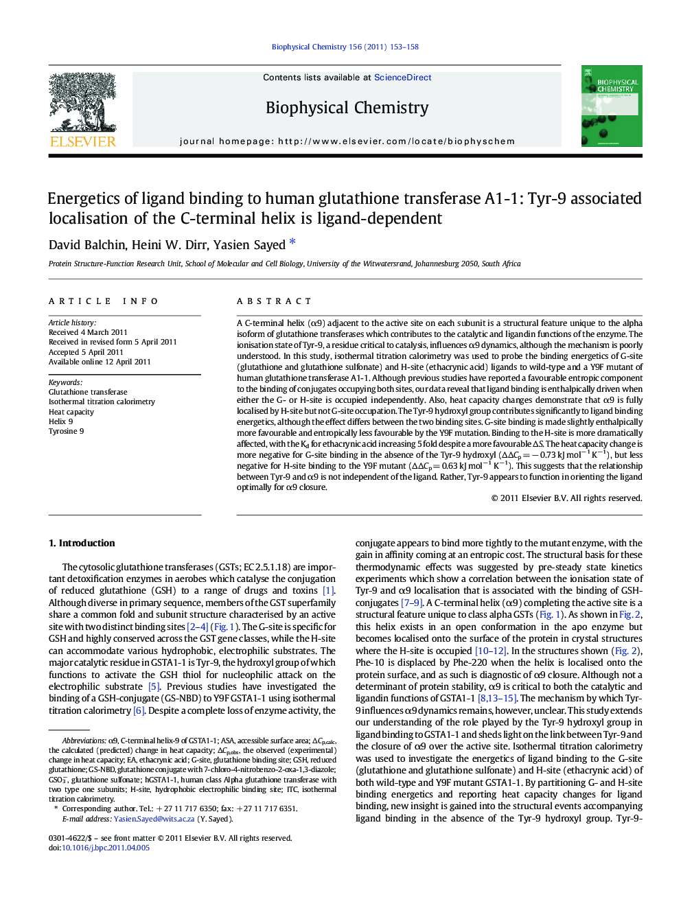 Energetics of ligand binding to human glutathione transferase A1-1: Tyr-9 associated localisation of the C-terminal helix is ligand-dependent