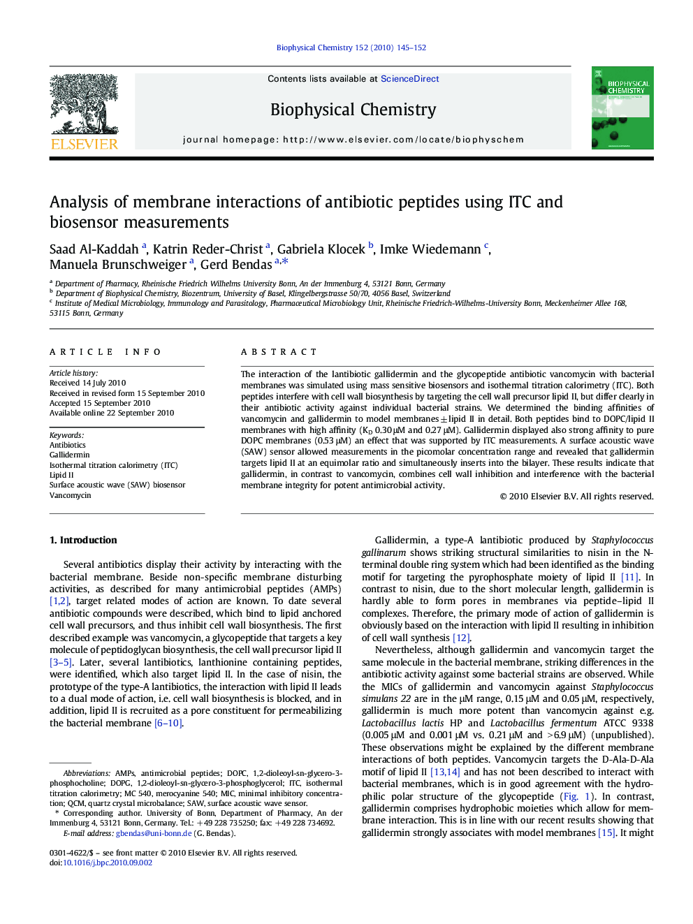 Analysis of membrane interactions of antibiotic peptides using ITC and biosensor measurements