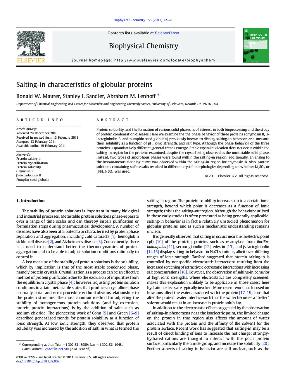Salting-in characteristics of globular proteins