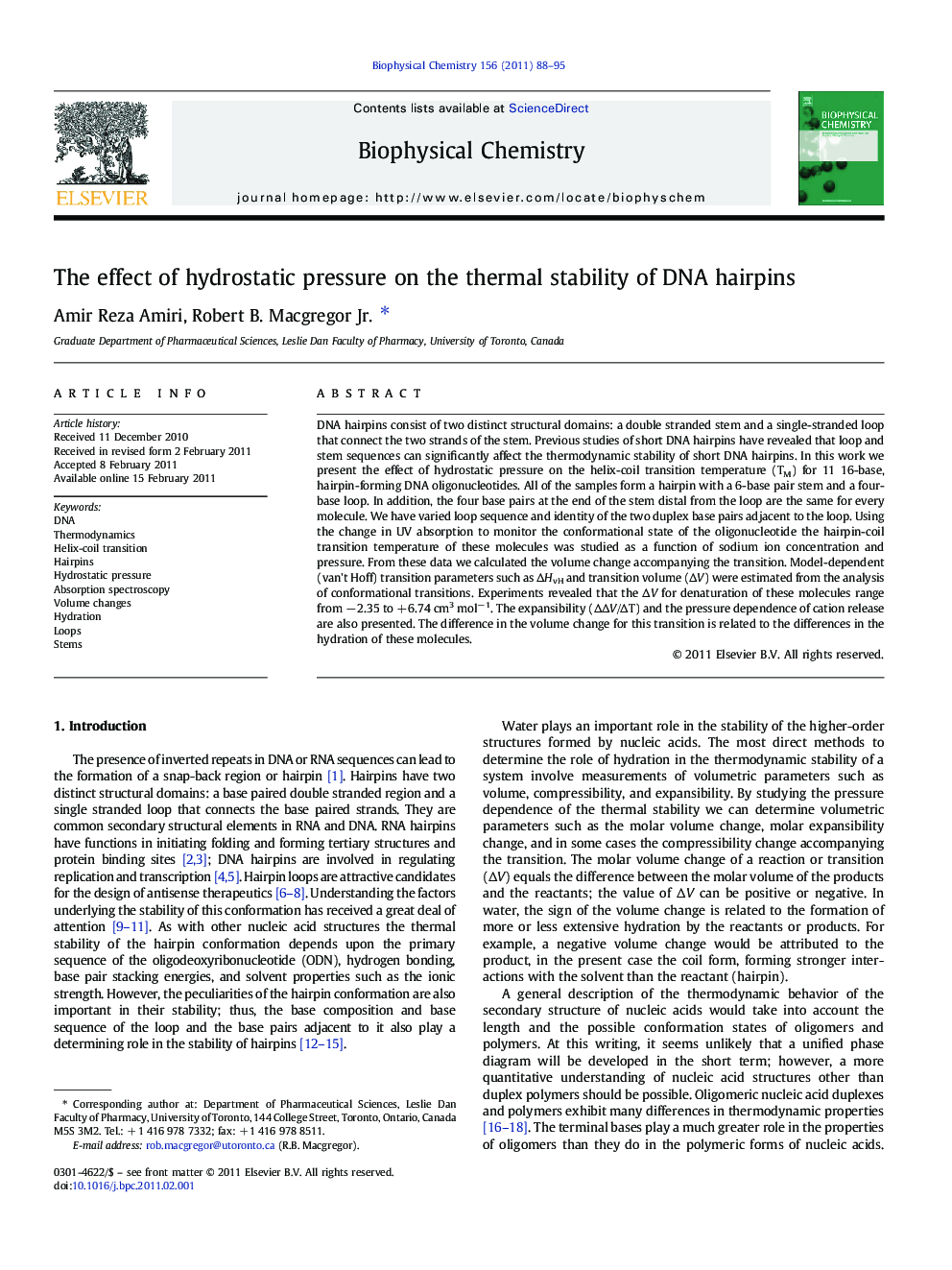 عکس صفحه اول مقاله: The effect of hydrostatic pressure on the thermal stability of DNA hairpins The effect of hydrostatic pressure on the thermal stability of DNA hairpins