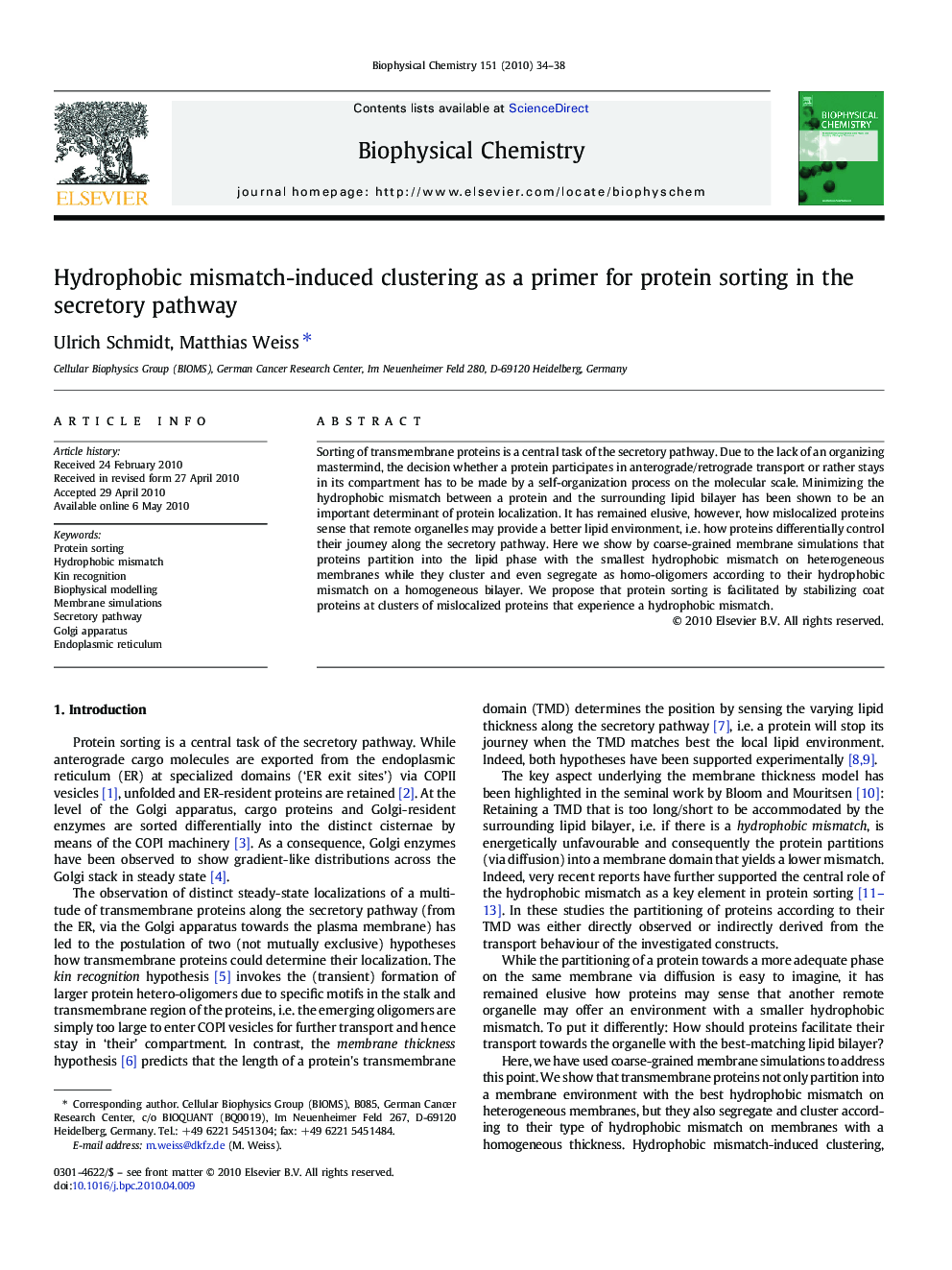 Hydrophobic mismatch-induced clustering as a primer for protein sorting in the secretory pathway