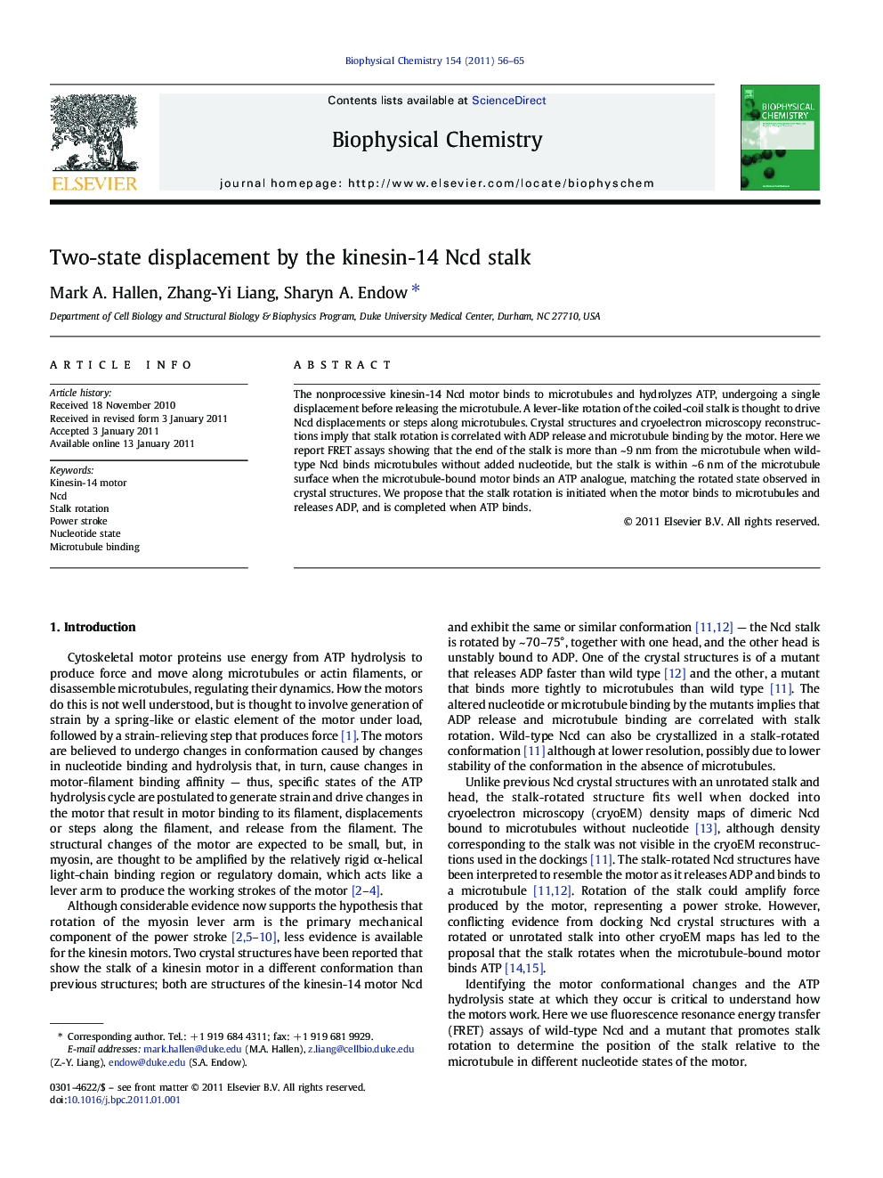 Two-state displacement by the kinesin-14 Ncd stalk