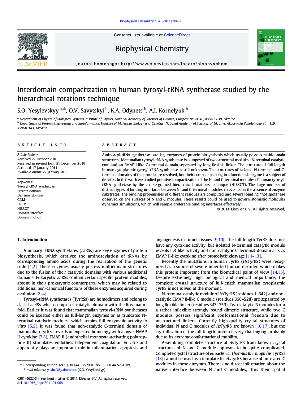 Interdomain compactization in human tyrosyl-tRNA synthetase studied by the hierarchical rotations technique