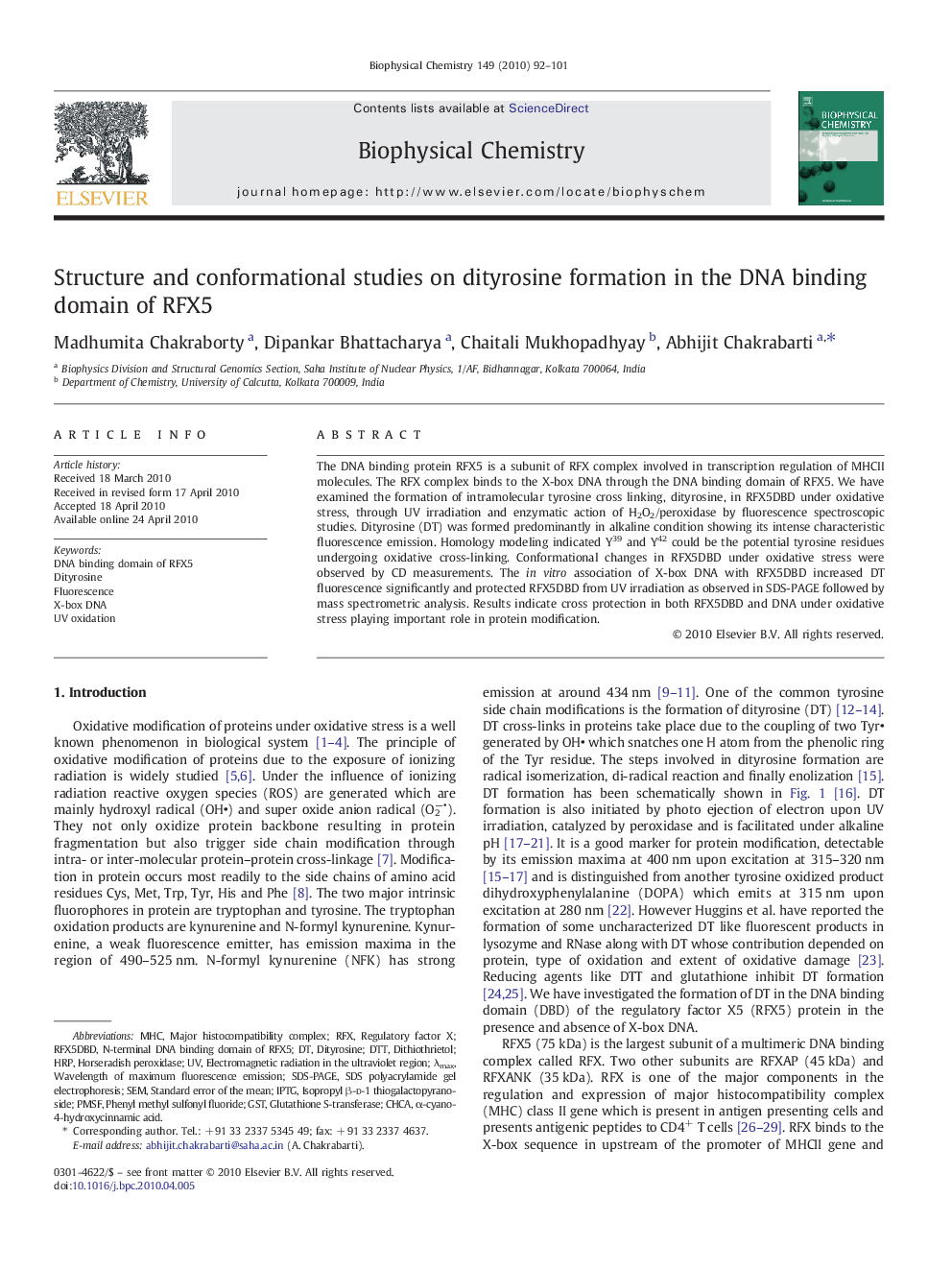 Structure and conformational studies on dityrosine formation in the DNA binding domain of RFX5