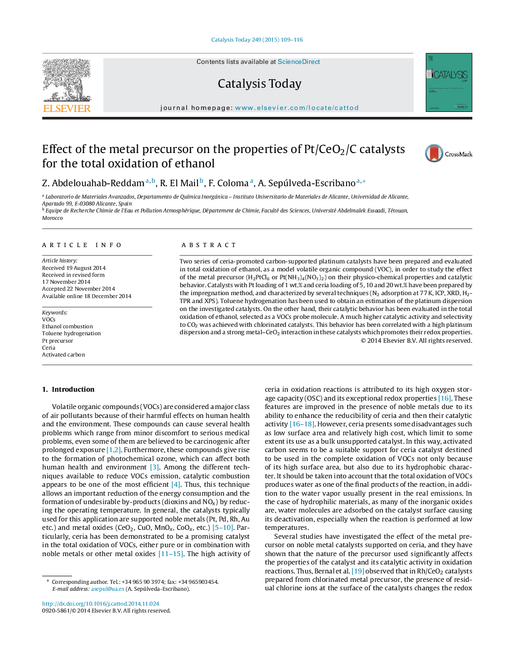 Effect of the metal precursor on the properties of Pt/CeO2/C catalysts for the total oxidation of ethanol