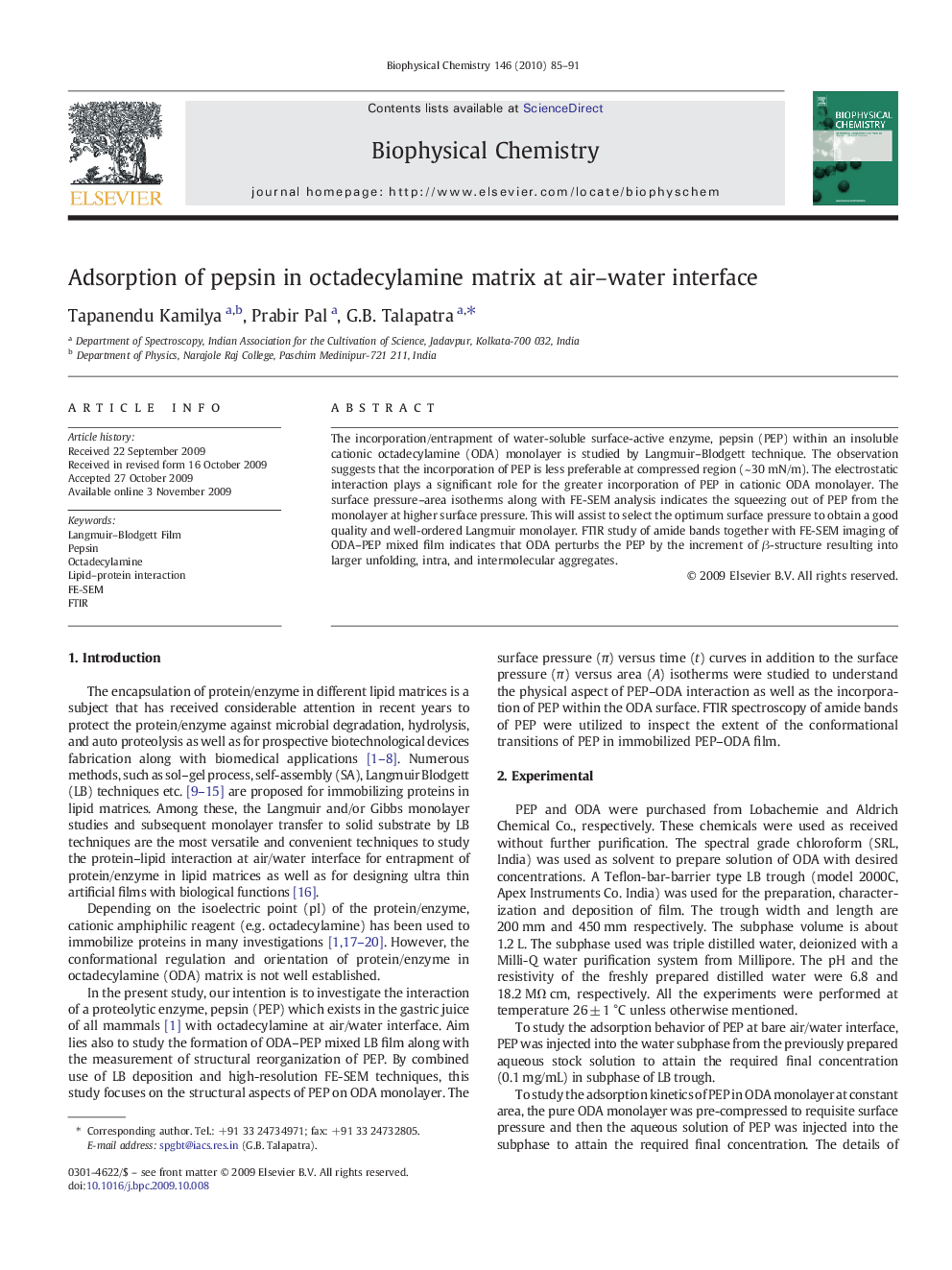 Adsorption of pepsin in octadecylamine matrix at air-water interface