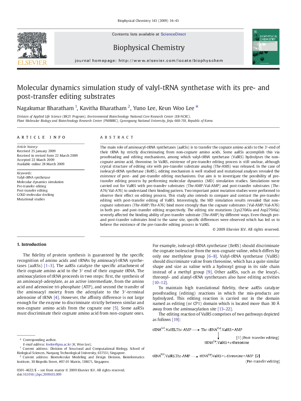 Molecular dynamics simulation study of valyl-tRNA synthetase with its pre- and post-transfer editing substrates