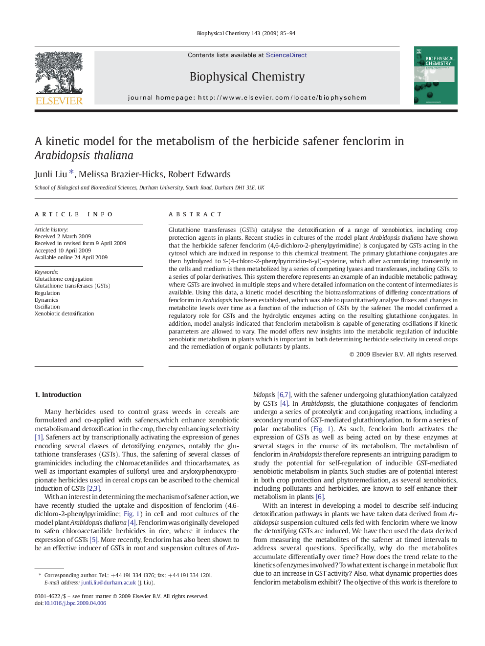 A kinetic model for the metabolism of the herbicide safener fenclorim in Arabidopsis thaliana