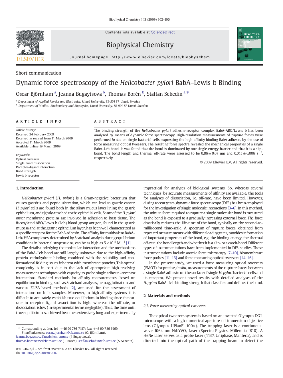 Dynamic force spectroscopy of the Helicobacter pylori BabA-Lewis b Binding