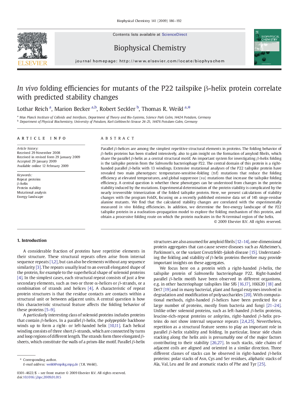 Invivo folding efficiencies for mutants of the P22 tailspike Î²-helix protein correlate with predicted stability changes