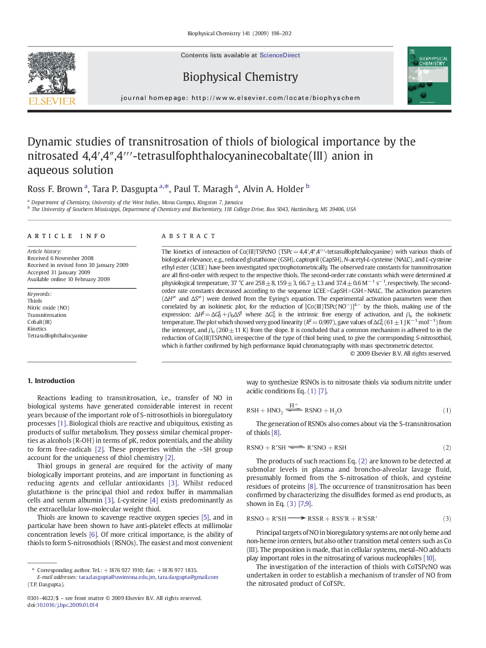 Dynamic studies of transnitrosation of thiols of biological importance by the nitrosated 4,4â²,4â³,4â²â²â²-tetrasulfophthalocyaninecobaltate(III) anion in aqueous solution