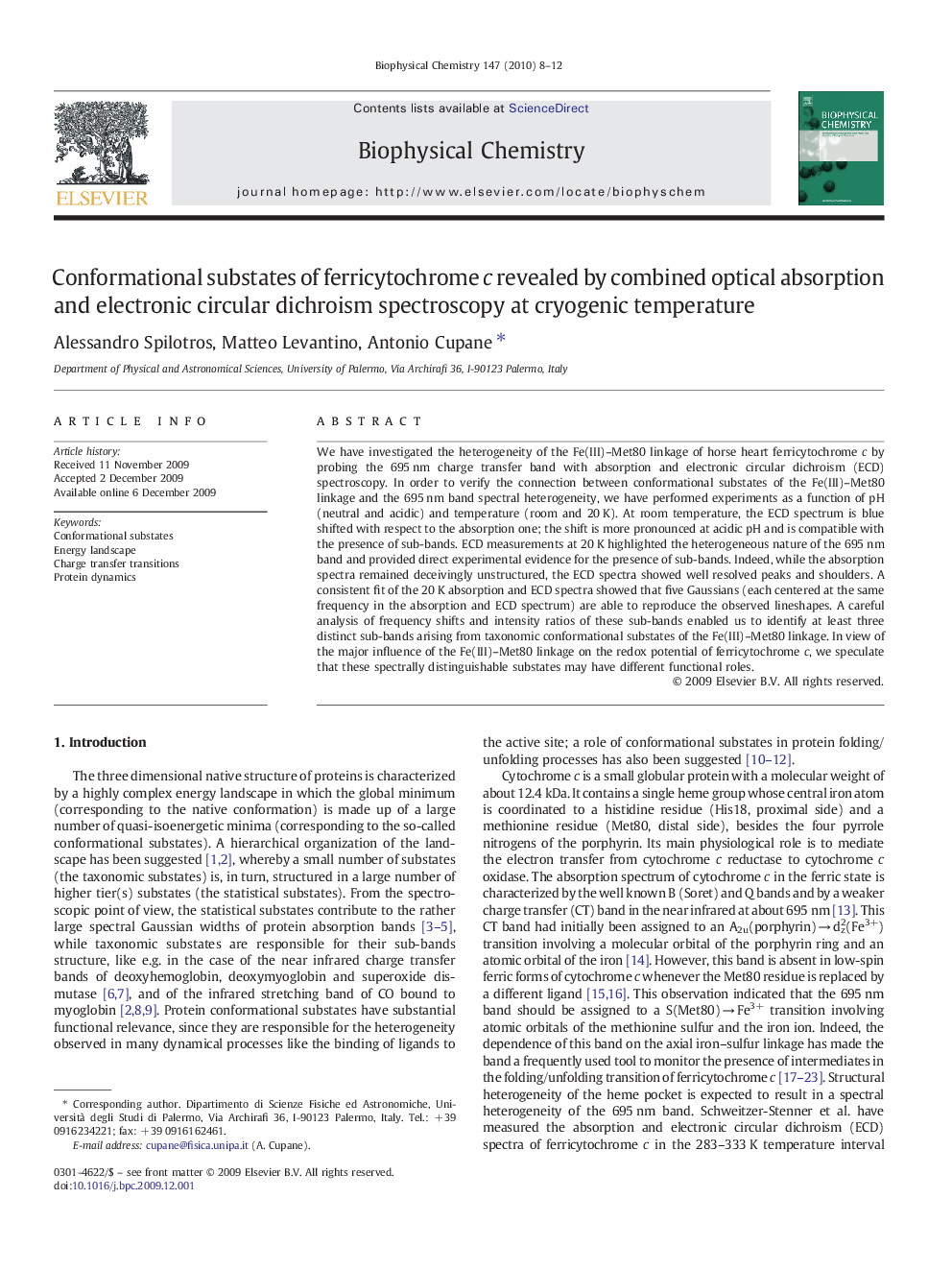 Conformational substates of ferricytochrome c revealed by combined optical absorption and electronic circular dichroism spectroscopy at cryogenic temperature