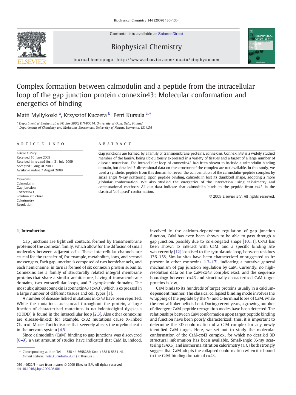 Complex formation between calmodulin and a peptide from the intracellular loop of the gap junction protein connexin43: Molecular conformation and energetics of binding