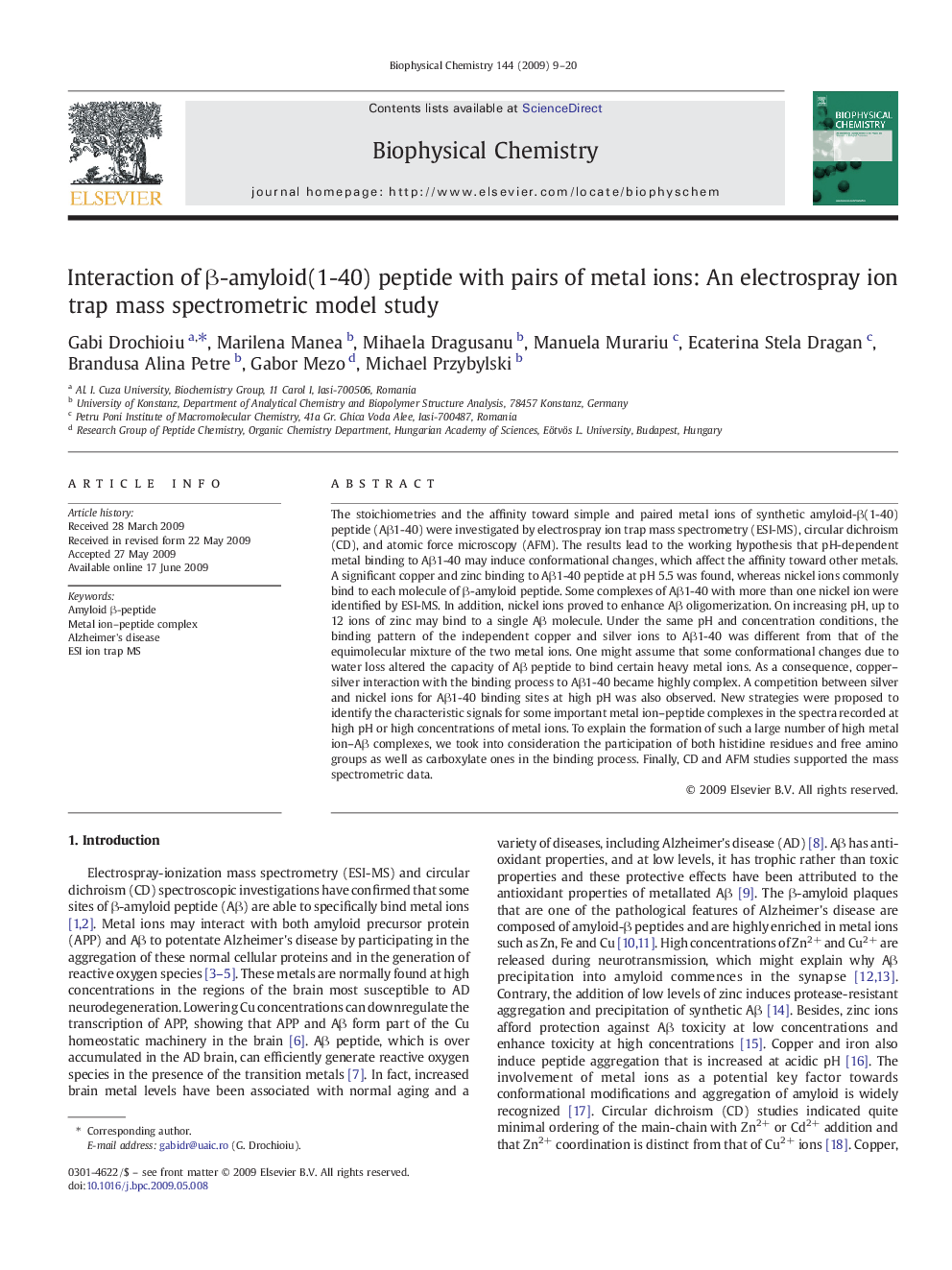 Interaction of Î²-amyloid(1-40) peptide with pairs of metal ions: An electrospray ion trap mass spectrometric model study