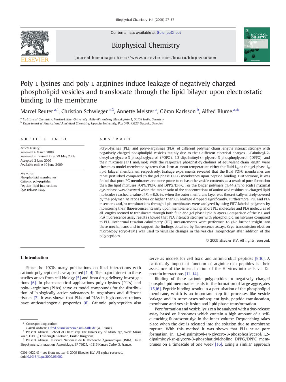 Poly-l-lysines and poly-l-arginines induce leakage of negatively charged phospholipid vesicles and translocate through the lipid bilayer upon electrostatic binding to the membrane