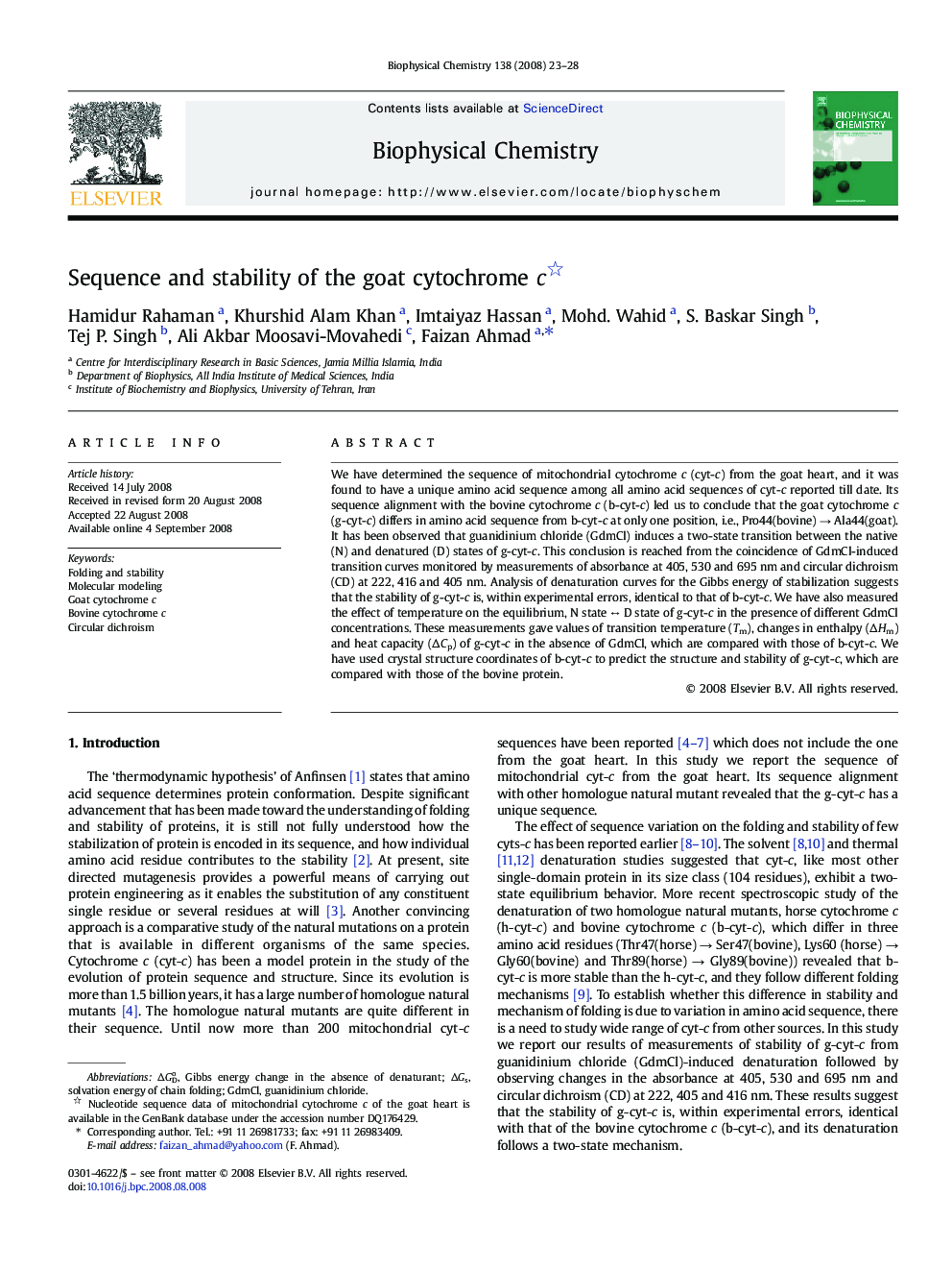 Sequence and stability of the goat cytochrome c