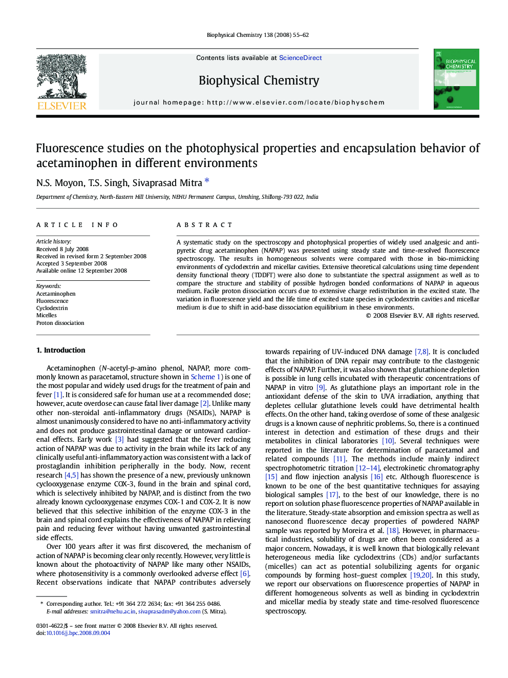 Fluorescence studies on the photophysical properties and encapsulation behavior of acetaminophen in different environments