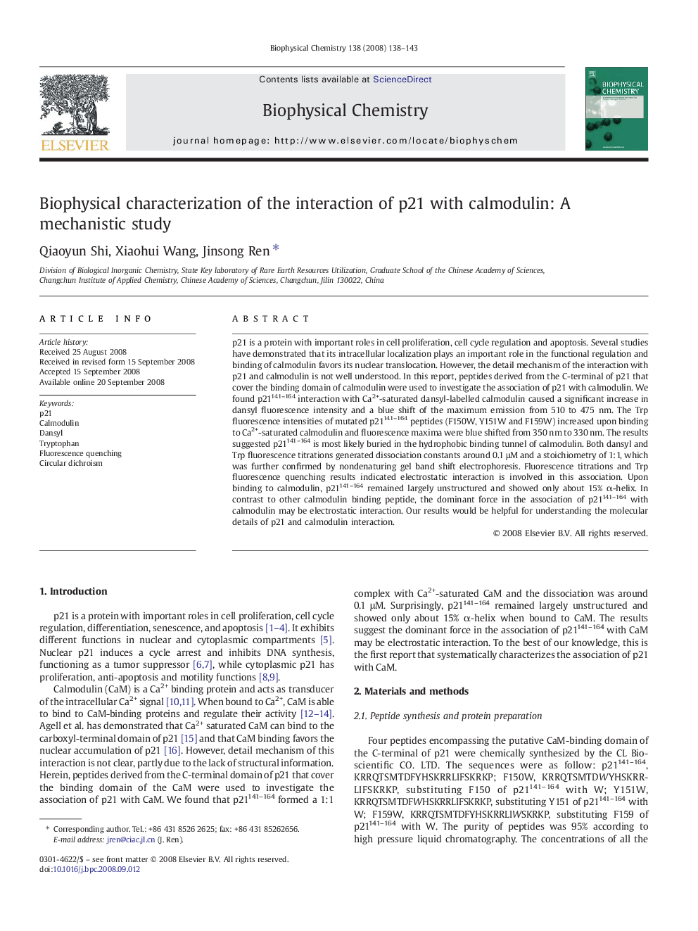 Biophysical characterization of the interaction of p21 with calmodulin: A mechanistic study