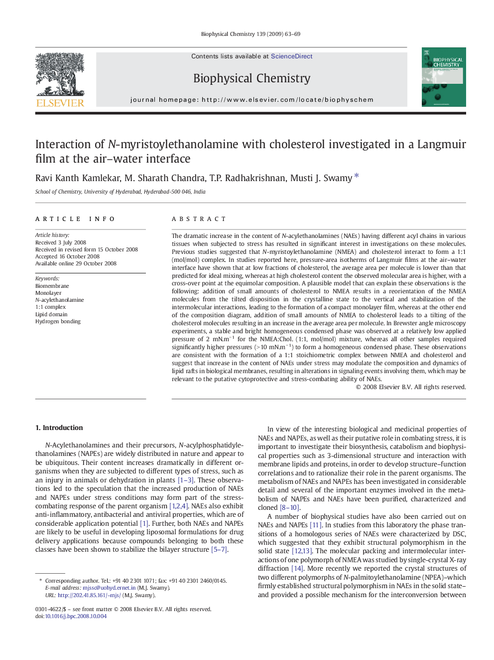 Interaction of N-myristoylethanolamine with cholesterol investigated in a Langmuir film at the air-water interface